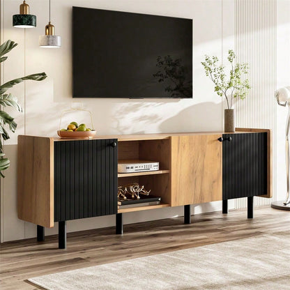 160 cm Schwarzer und Holzfarbener TV-Schrank – Moderner Stil mit Drei Türen und Zwei Offenen Fächern