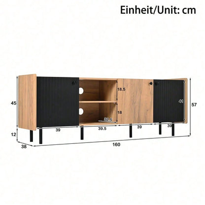 160 cm Schwarzer und Holzfarbener TV-Schrank – Moderner Stil mit Drei Türen und Zwei Offenen Fächern