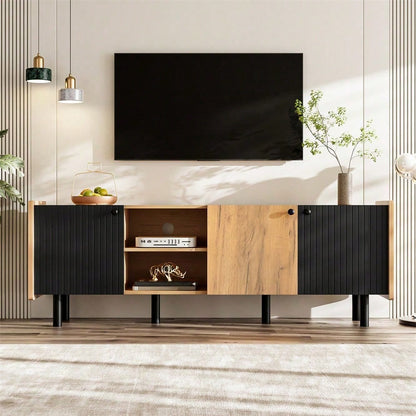 160 cm Schwarzer und Holzfarbener TV-Schrank – Moderner Stil mit Drei Türen und Zwei Offenen Fächern