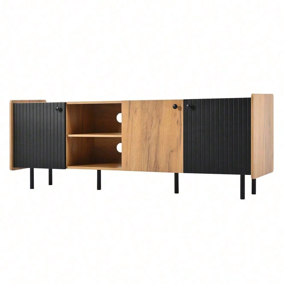 160 cm Schwarzer und Holzfarbener TV-Schrank – Moderner Stil mit Drei Türen und Zwei Offenen Fächern