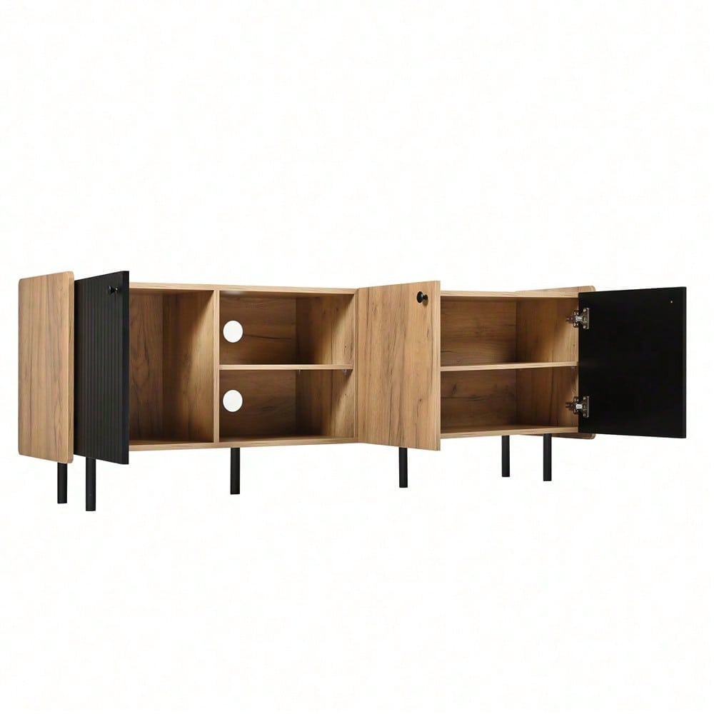 160 cm Schwarzer und Holzfarbener TV-Schrank – Moderner Stil mit Drei Türen und Zwei Offenen Fächern
