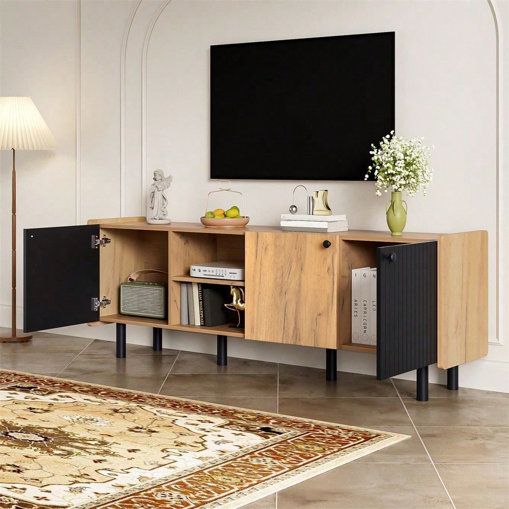 160 cm Schwarzer und Holzfarbener TV-Schrank – Moderner Stil mit Drei Türen und Zwei Offenen Fächern