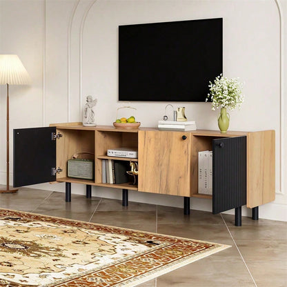 160 cm Schwarzer und Holzfarbener TV-Schrank – Moderner Stil mit Drei Türen und Zwei Offenen Fächern