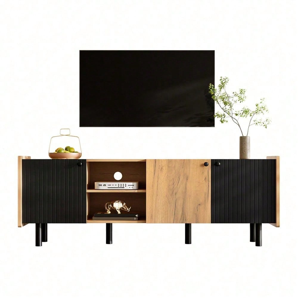 160 cm Schwarzer und Holzfarbener TV-Schrank – Moderner Stil mit Drei Türen und Zwei Offenen Fächern