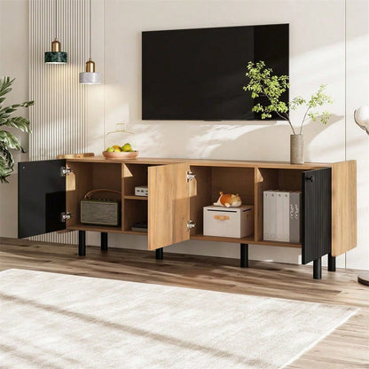 160 cm Schwarzer und Holzfarbener TV-Schrank – Moderner Stil mit Drei Türen und Zwei Offenen Fächern