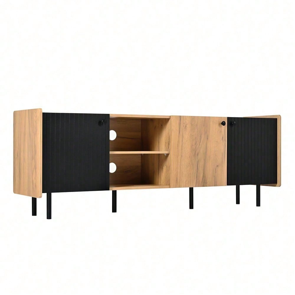160 cm Schwarzer und Holzfarbener TV-Schrank – Moderner Stil mit Drei Türen und Zwei Offenen Fächern