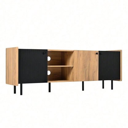 160 cm Schwarzer und Holzfarbener TV-Schrank – Moderner Stil mit Drei Türen und Zwei Offenen Fächern