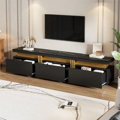 Moderner Lowboard TV-Schrank mit Marmor-Optik, TV-Board, TV-Kommode, 200 x 40 x 42 cm – Für Fernseher bis 90 Zoll, Drei Schubladen und 1 Kabelmanagement