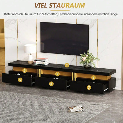 Moderner Lowboard TV-Schrank mit Marmor-Optik, TV-Board, TV-Kommode, 200 x 40 x 42 cm – Für Fernseher bis 90 Zoll, Drei Schubladen und 1 Kabelmanagement