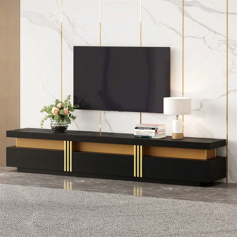Moderner Lowboard TV-Schrank mit Marmor-Optik, TV-Board, TV-Kommode, 200 x 40 x 42 cm – Für Fernseher bis 90 Zoll, Drei Schubladen und 1 Kabelmanagement