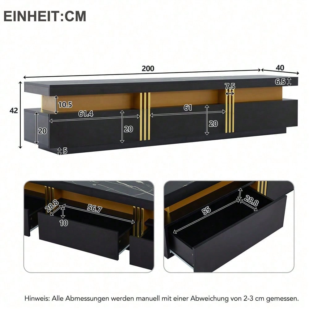 Moderner Lowboard TV-Schrank mit Marmor-Optik, TV-Board, TV-Kommode, 200 x 40 x 42 cm – Für Fernseher bis 90 Zoll, Drei Schubladen und 1 Kabelmanagement