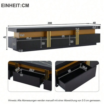 Moderner Lowboard TV-Schrank mit Marmor-Optik, TV-Board, TV-Kommode, 200 x 40 x 42 cm – Für Fernseher bis 90 Zoll, Drei Schubladen und 1 Kabelmanagement