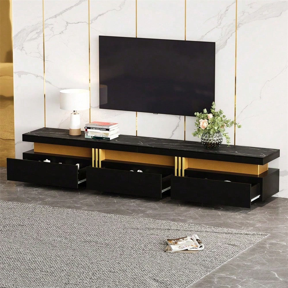 Moderner Lowboard TV-Schrank mit Marmor-Optik, TV-Board, TV-Kommode, 200 x 40 x 42 cm – Für Fernseher bis 90 Zoll, Drei Schubladen und 1 Kabelmanagement