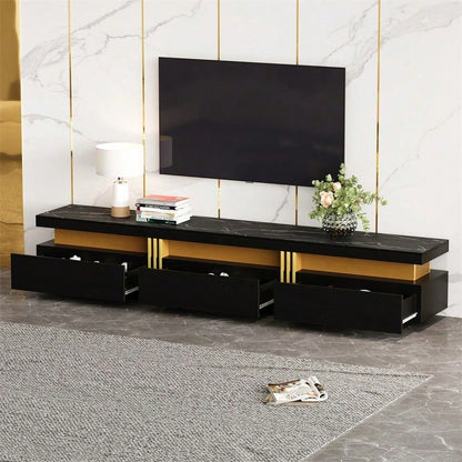 Moderner Lowboard TV-Schrank mit Marmor-Optik, TV-Board, TV-Kommode, 200 x 40 x 42 cm – Für Fernseher bis 90 Zoll, Drei Schubladen und 1 Kabelmanagement