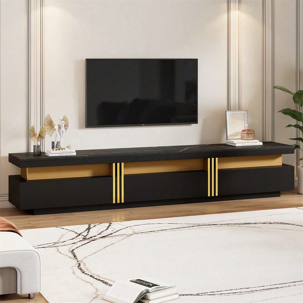 Moderner Lowboard TV-Schrank mit Marmor-Optik, TV-Board, TV-Kommode, 200 x 40 x 42 cm – Für Fernseher bis 90 Zoll, Drei Schubladen und 1 Kabelmanagement