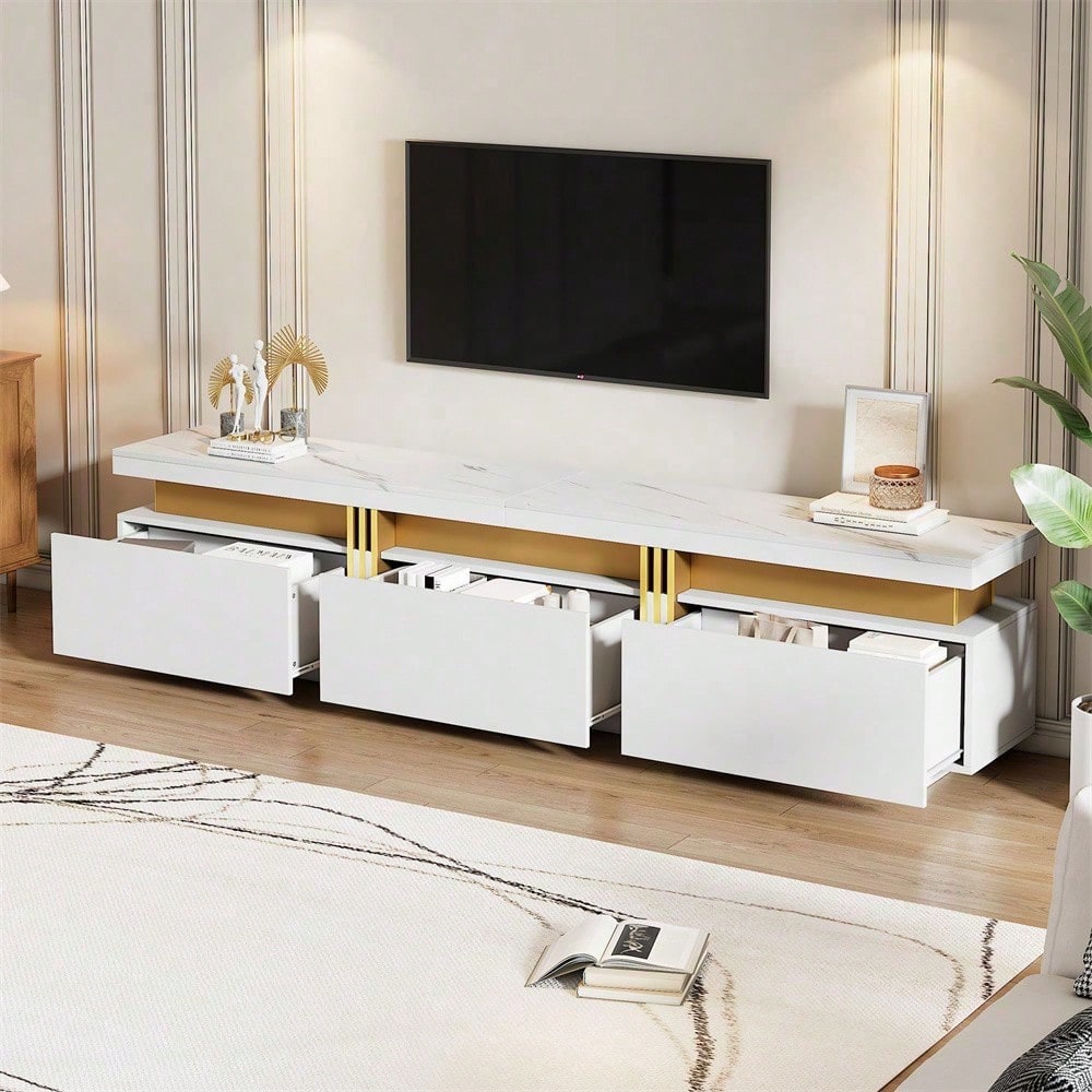 Moderner Lowboard TV-Schrank mit Marmor-Optik, TV-Board, TV-Kommode, 200 x 40 x 42 cm – Für Fernseher bis 90 Zoll, Drei Schubladen und 1 Kabelmanagement