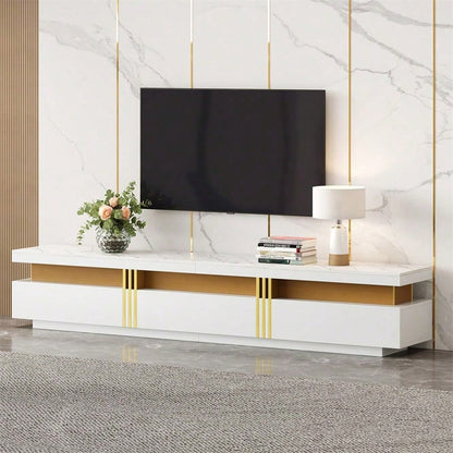 Moderner Lowboard TV-Schrank mit Marmor-Optik, TV-Board, TV-Kommode, 200 x 40 x 42 cm – Für Fernseher bis 90 Zoll, Drei Schubladen und 1 Kabelmanagement