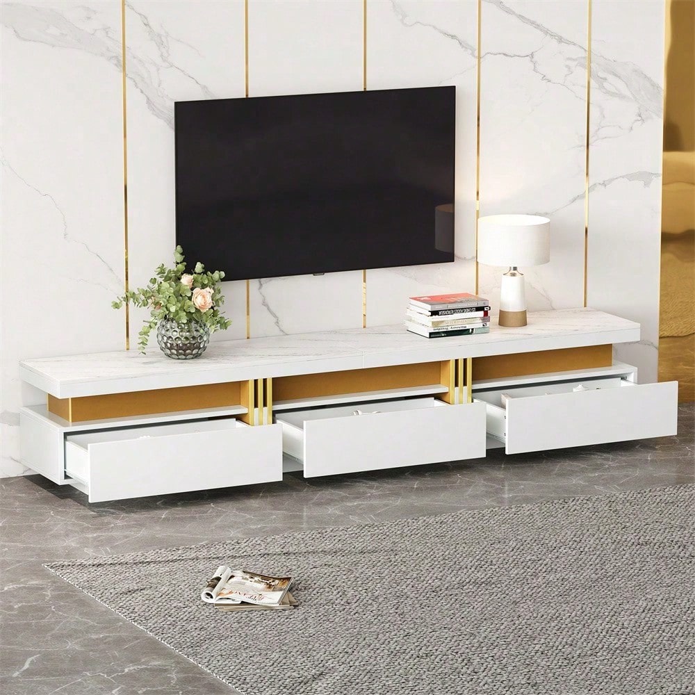Moderner Lowboard TV-Schrank mit Marmor-Optik, TV-Board, TV-Kommode, 200 x 40 x 42 cm – Für Fernseher bis 90 Zoll, Drei Schubladen und 1 Kabelmanagement