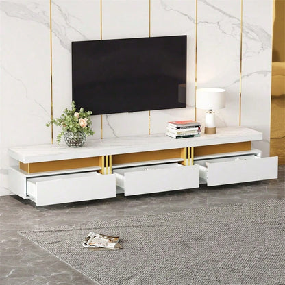 Moderner Lowboard TV-Schrank mit Marmor-Optik, TV-Board, TV-Kommode, 200 x 40 x 42 cm – Für Fernseher bis 90 Zoll, Drei Schubladen und 1 Kabelmanagement