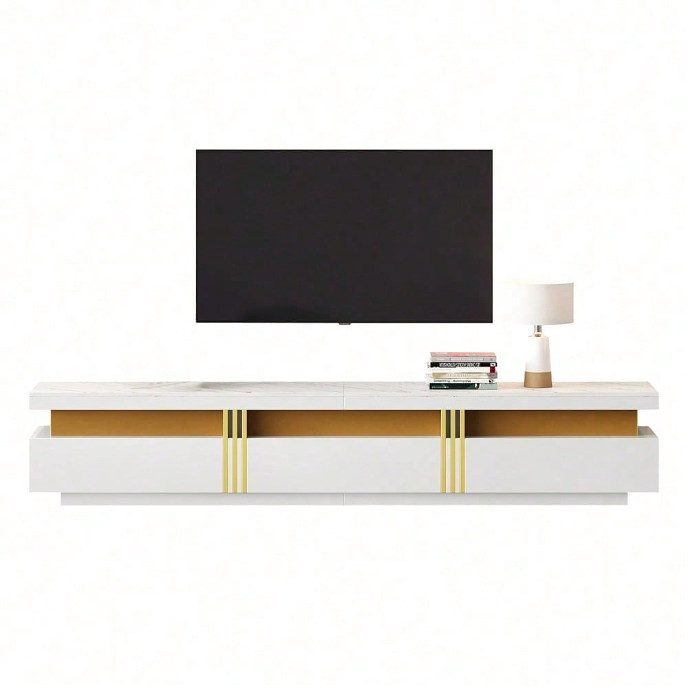 Moderner Lowboard TV-Schrank mit Marmor-Optik, TV-Board, TV-Kommode, 200 x 40 x 42 cm – Für Fernseher bis 90 Zoll, Drei Schubladen und 1 Kabelmanagement