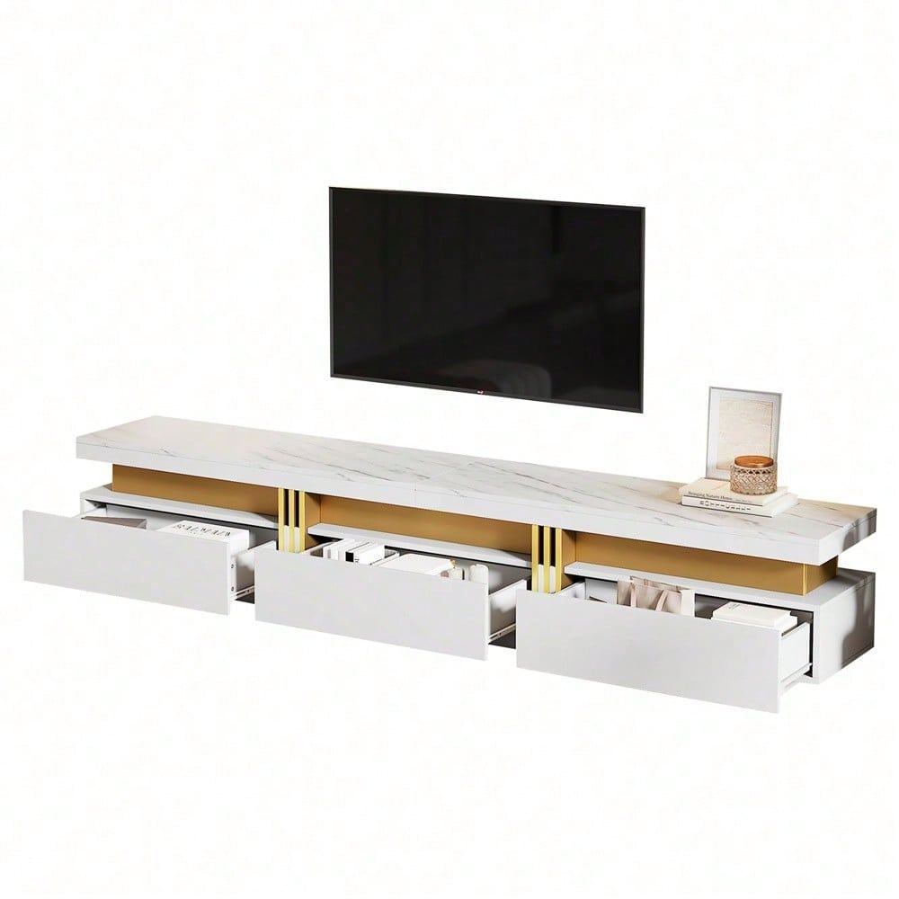 Moderner Lowboard TV-Schrank mit Marmor-Optik, TV-Board, TV-Kommode, 200 x 40 x 42 cm – Für Fernseher bis 90 Zoll, Drei Schubladen und 1 Kabelmanagement