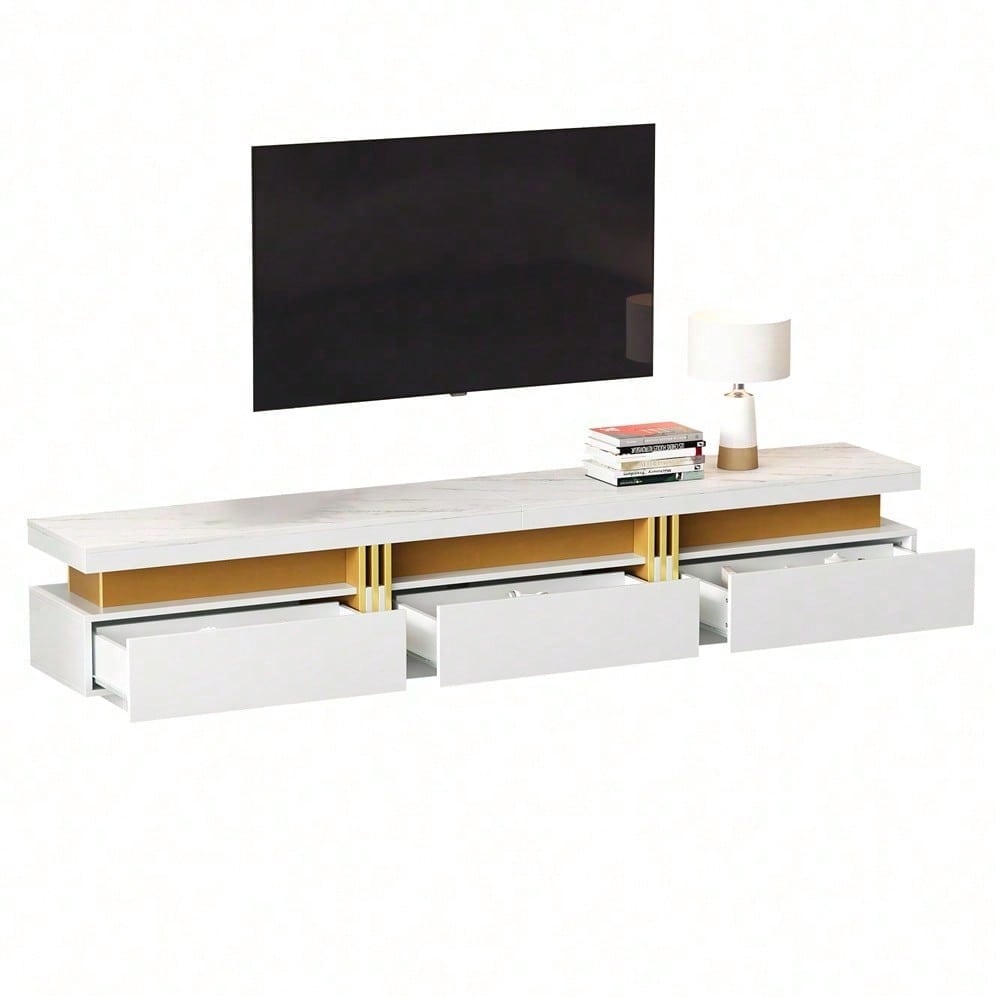 Moderner Lowboard TV-Schrank mit Marmor-Optik, TV-Board, TV-Kommode, 200 x 40 x 42 cm – Für Fernseher bis 90 Zoll, Drei Schubladen und 1 Kabelmanagement