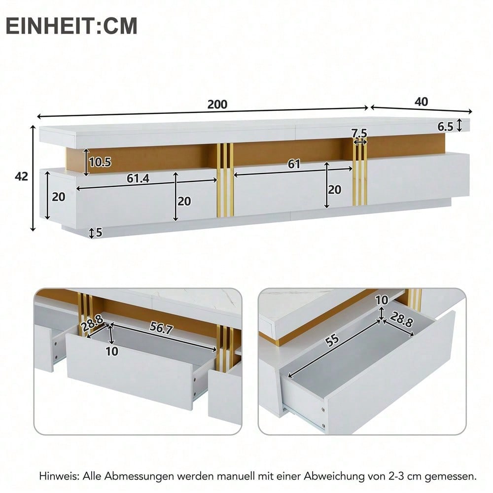 Moderner Lowboard TV-Schrank mit Marmor-Optik, TV-Board, TV-Kommode, 200 x 40 x 42 cm – Für Fernseher bis 90 Zoll, Drei Schubladen und 1 Kabelmanagement
