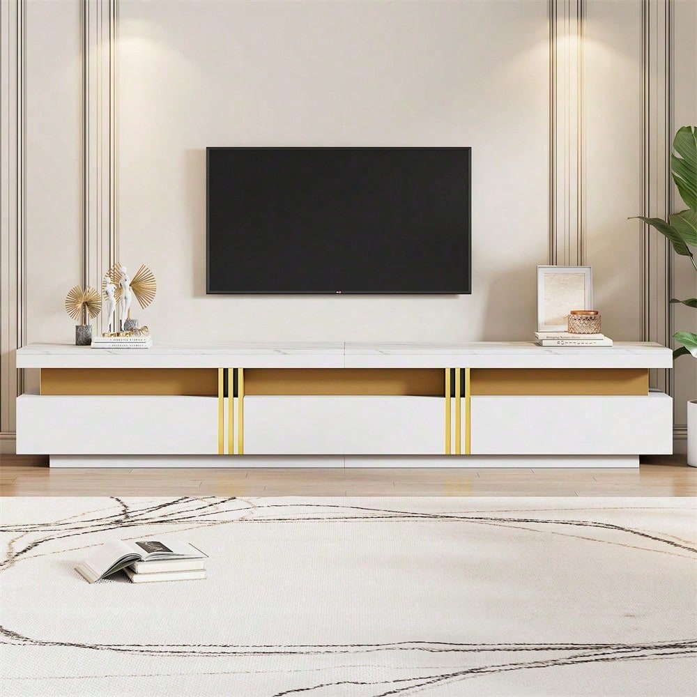 Moderner Lowboard TV-Schrank mit Marmor-Optik, TV-Board, TV-Kommode, 200 x 40 x 42 cm – Für Fernseher bis 90 Zoll, Drei Schubladen und 1 Kabelmanagement