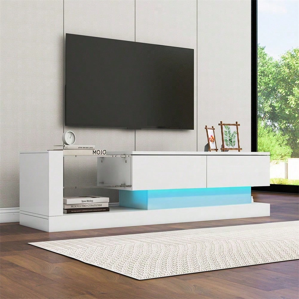 Stilvoller weißer Hochglanz-TV-Schrank - 1,4 Meter lang, 16-farbige LED-Beleuchtung, 60 Zoll TV-Fläche - ein Möbelstück, das Eleganz und Funktionalität vereint