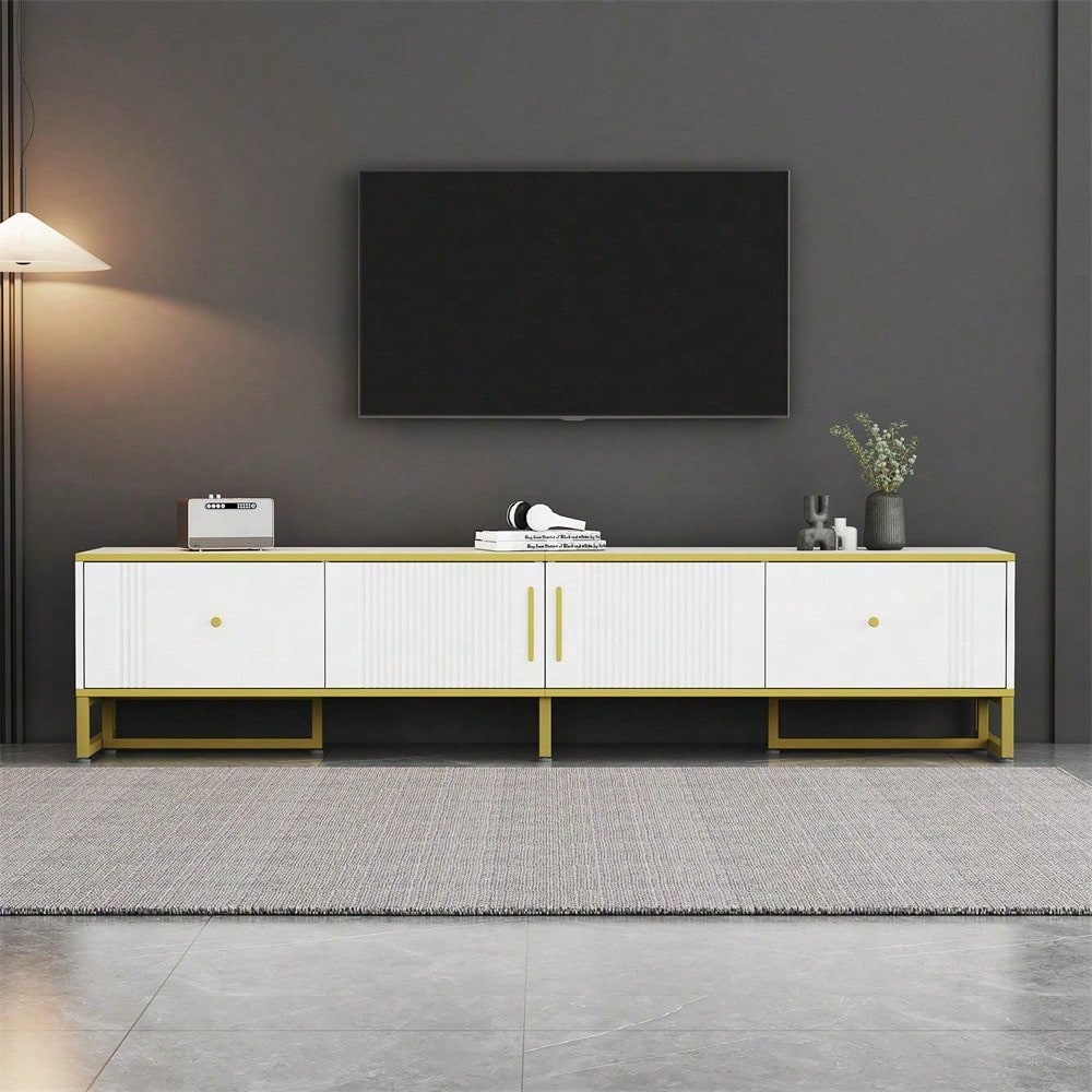 Eleganter weißer TV-Schrank, 180x40x40 cm, mit goldener Umrandung, 2 Türen, 2 Schubladen, verstellbaren Füßen und Kabelmanagement – ideal für 80-Zoll-Fernseher
