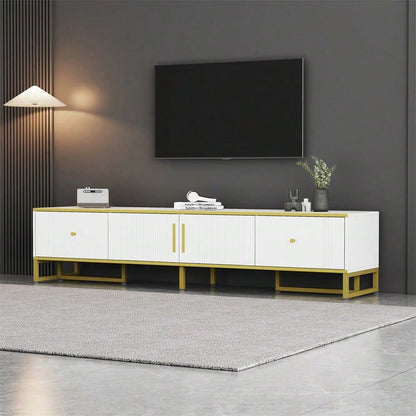 Eleganter weißer TV-Schrank, 180x40x40 cm, mit goldener Umrandung, 2 Türen, 2 Schubladen, verstellbaren Füßen und Kabelmanagement – ideal für 80-Zoll-Fernseher