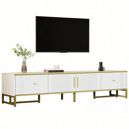 Eleganter weißer TV-Schrank, 180x40x40 cm, mit goldener Umrandung, 2 Türen, 2 Schubladen, verstellbaren Füßen und Kabelmanagement – ideal für 80-Zoll-Fernseher