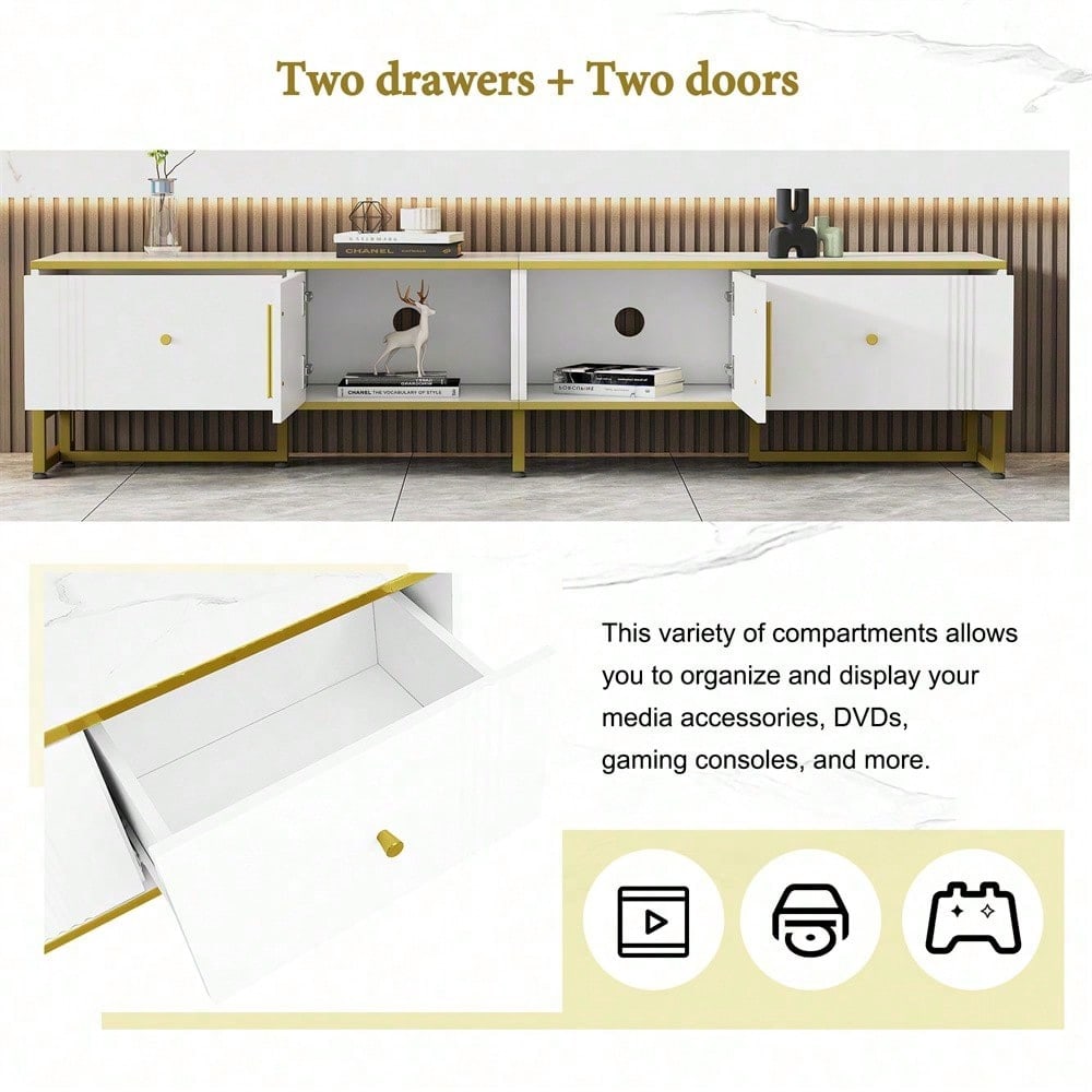 Eleganter weißer TV-Schrank, 180x40x40 cm, mit goldener Umrandung, 2 Türen, 2 Schubladen, verstellbaren Füßen und Kabelmanagement – ideal für 80-Zoll-Fernseher