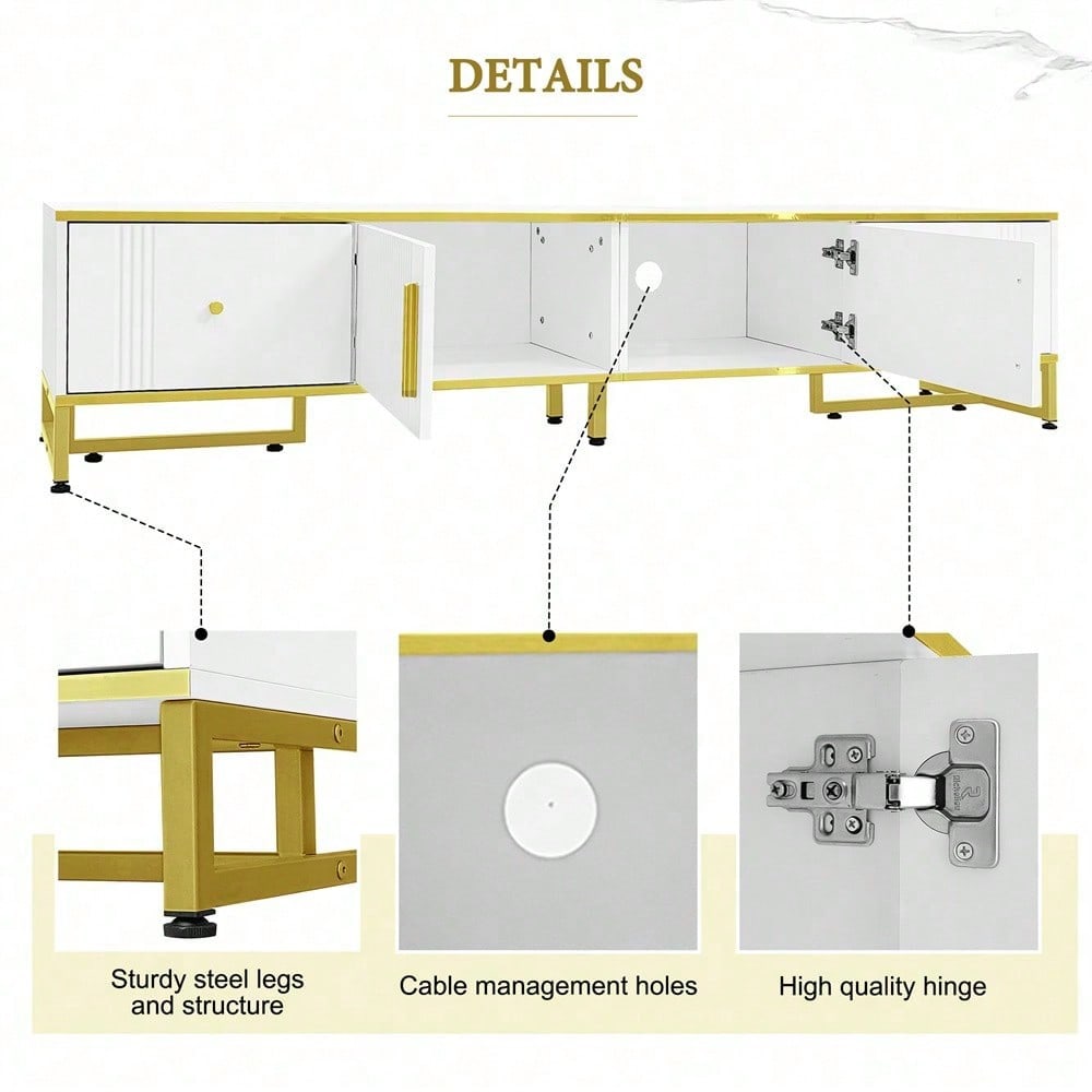 Eleganter weißer TV-Schrank, 180x40x40 cm, mit goldener Umrandung, 2 Türen, 2 Schubladen, verstellbaren Füßen und Kabelmanagement – ideal für 80-Zoll-Fernseher