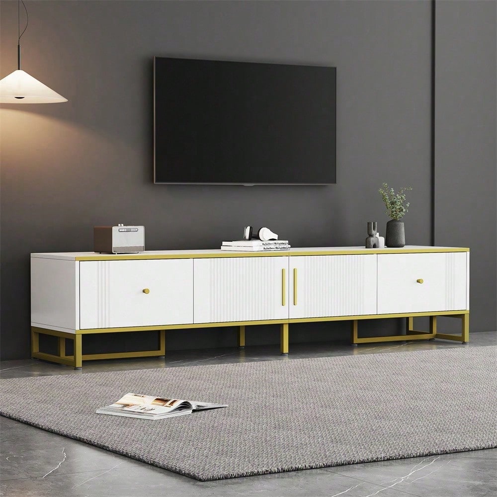 Eleganter weißer TV-Schrank, 180x40x40 cm, mit goldener Umrandung, 2 Türen, 2 Schubladen, verstellbaren Füßen und Kabelmanagement – ideal für 80-Zoll-Fernseher