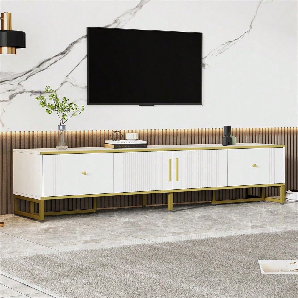 Eleganter weißer TV-Schrank, 180x40x40 cm, mit goldener Umrandung, 2 Türen, 2 Schubladen, verstellbaren Füßen und Kabelmanagement – ideal für 80-Zoll-Fernseher