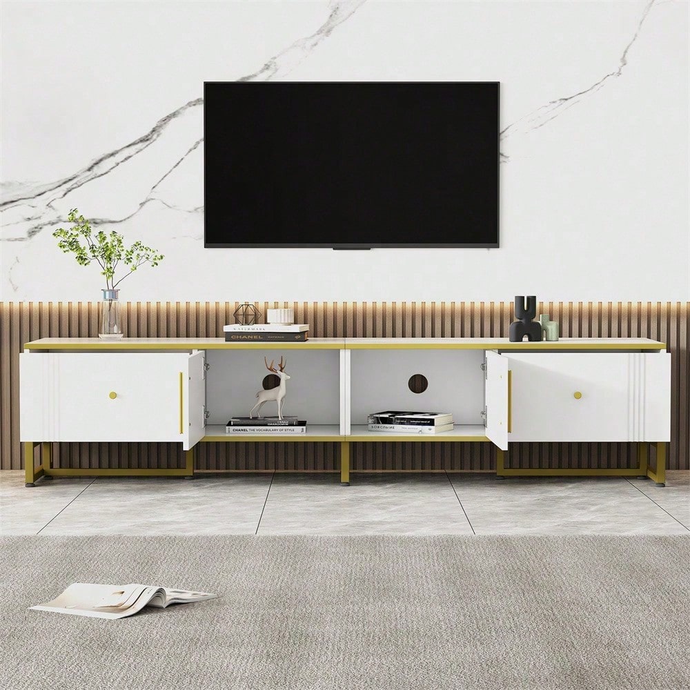 Eleganter weißer TV-Schrank, 180x40x40 cm, mit goldener Umrandung, 2 Türen, 2 Schubladen, verstellbaren Füßen und Kabelmanagement – ideal für 80-Zoll-Fernseher