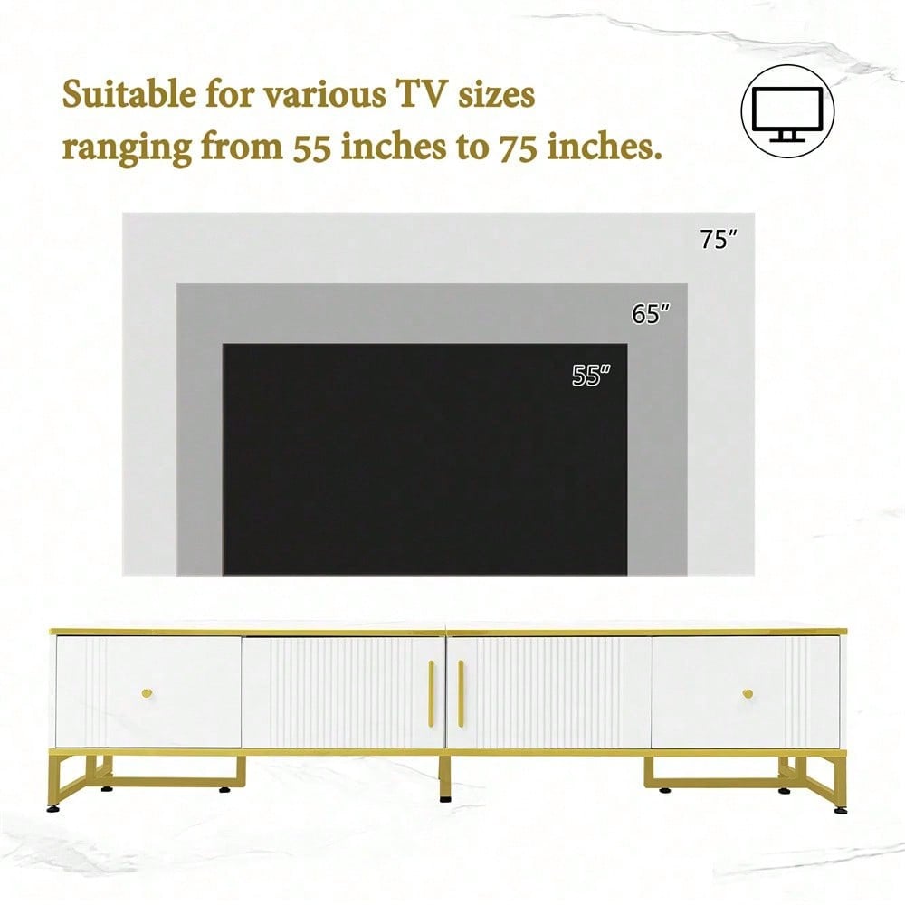 Eleganter weißer TV-Schrank, 180x40x40 cm, mit goldener Umrandung, 2 Türen, 2 Schubladen, verstellbaren Füßen und Kabelmanagement – ideal für 80-Zoll-Fernseher