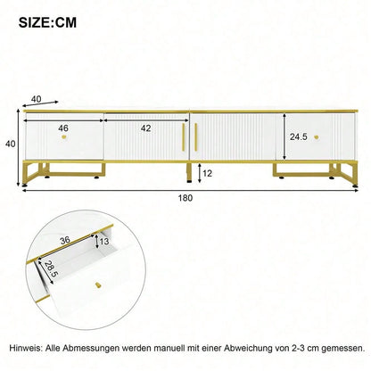 Eleganter weißer TV-Schrank, 180x40x40 cm, mit goldener Umrandung, 2 Türen, 2 Schubladen, verstellbaren Füßen und Kabelmanagement – ideal für 80-Zoll-Fernseher