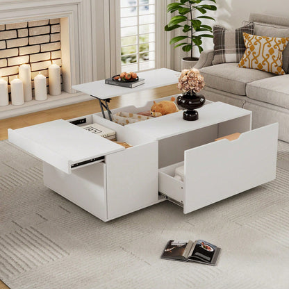 Moderner multifunktionaler weißer Lift-up-Couchtisch mit Schubladen und Schiebetüren, flexibler Raum, geeignet für eine Vielzahl von Wohnstilen