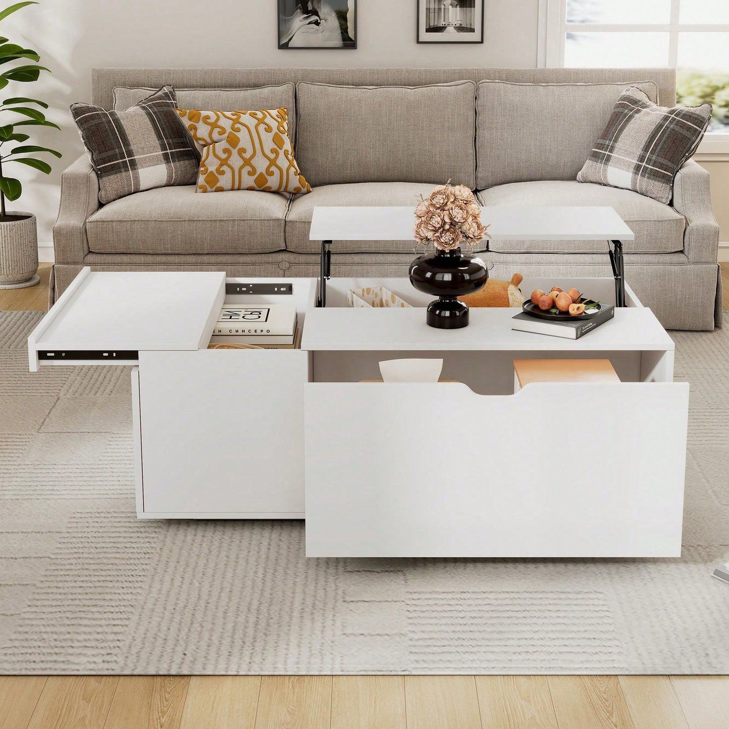 Moderner multifunktionaler weißer Lift-up-Couchtisch mit Schubladen und Schiebetüren, flexibler Raum, geeignet für eine Vielzahl von Wohnstilen