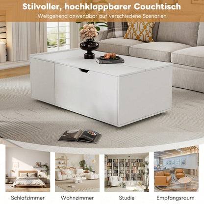 Moderner multifunktionaler weißer Lift-up-Couchtisch mit Schubladen und Schiebetüren, flexibler Raum, geeignet für eine Vielzahl von Wohnstilen