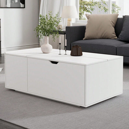 Moderner multifunktionaler weißer Lift-up-Couchtisch mit Schubladen und Schiebetüren, flexibler Raum, geeignet für eine Vielzahl von Wohnstilen