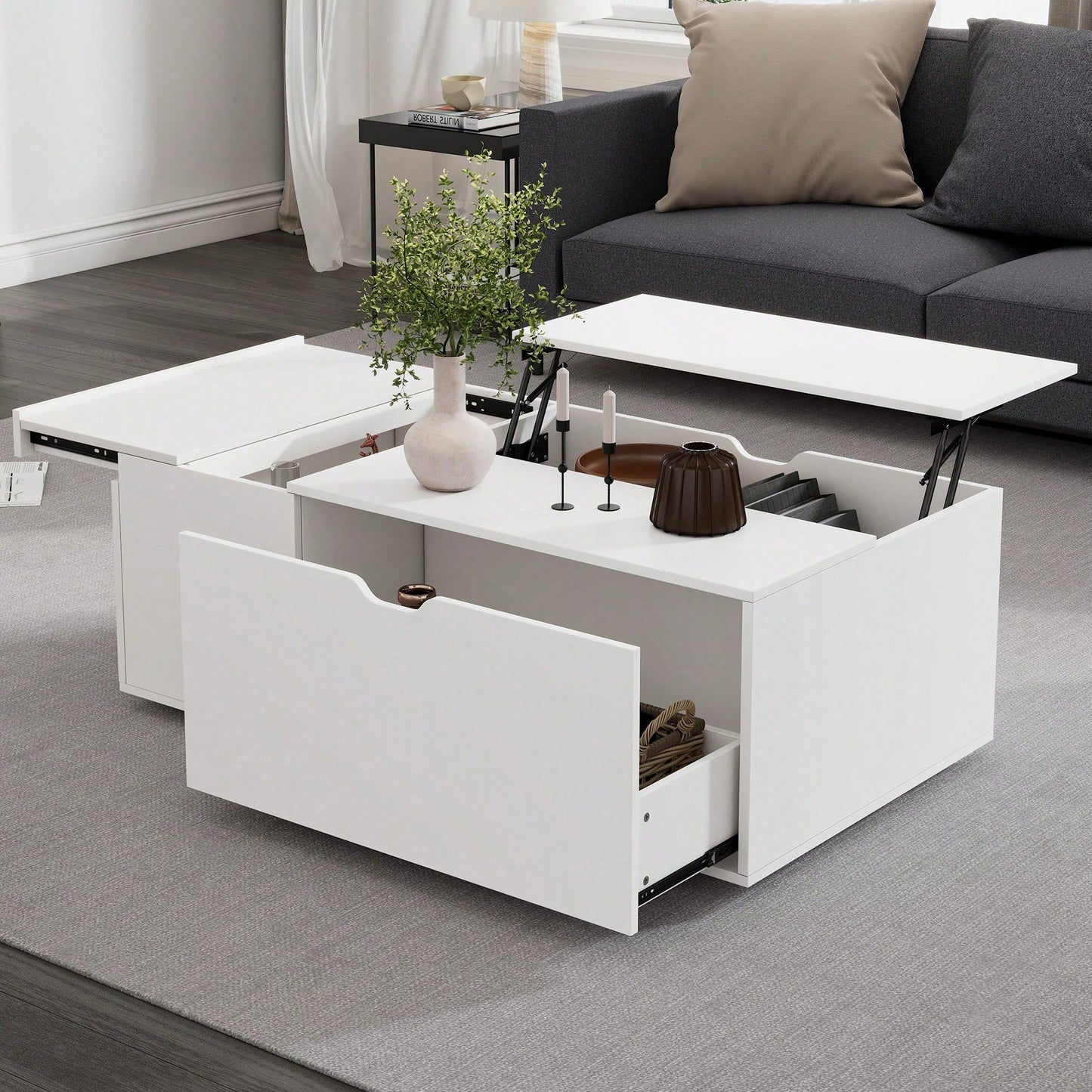 Moderner multifunktionaler weißer Lift-up-Couchtisch mit Schubladen und Schiebetüren, flexibler Raum, geeignet für eine Vielzahl von Wohnstilen
