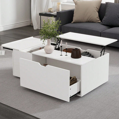 Moderner multifunktionaler weißer Lift-up-Couchtisch mit Schubladen und Schiebetüren, flexibler Raum, geeignet für eine Vielzahl von Wohnstilen