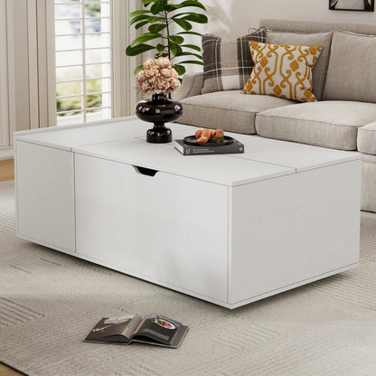 Moderner multifunktionaler weißer Lift-up-Couchtisch mit Schubladen und Schiebetüren, flexibler Raum, geeignet für eine Vielzahl von Wohnstilen