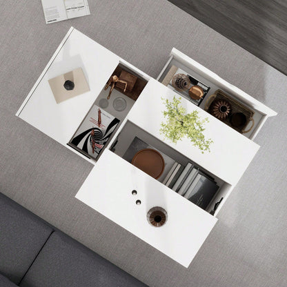 Moderner multifunktionaler weißer Lift-up-Couchtisch mit Schubladen und Schiebetüren, flexibler Raum, geeignet für eine Vielzahl von Wohnstilen