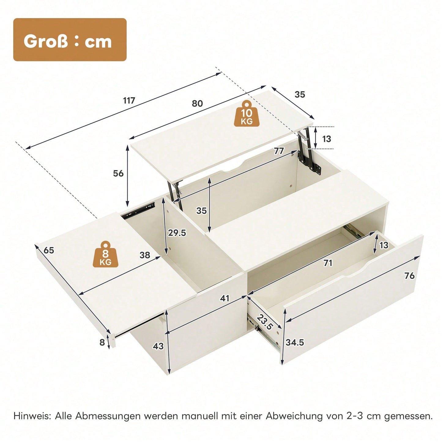 Moderner multifunktionaler weißer Lift-up-Couchtisch mit Schubladen und Schiebetüren, flexibler Raum, geeignet für eine Vielzahl von Wohnstilen