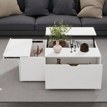 Moderner multifunktionaler weißer Lift-up-Couchtisch mit Schubladen und Schiebetüren, flexibler Raum, geeignet für eine Vielzahl von Wohnstilen