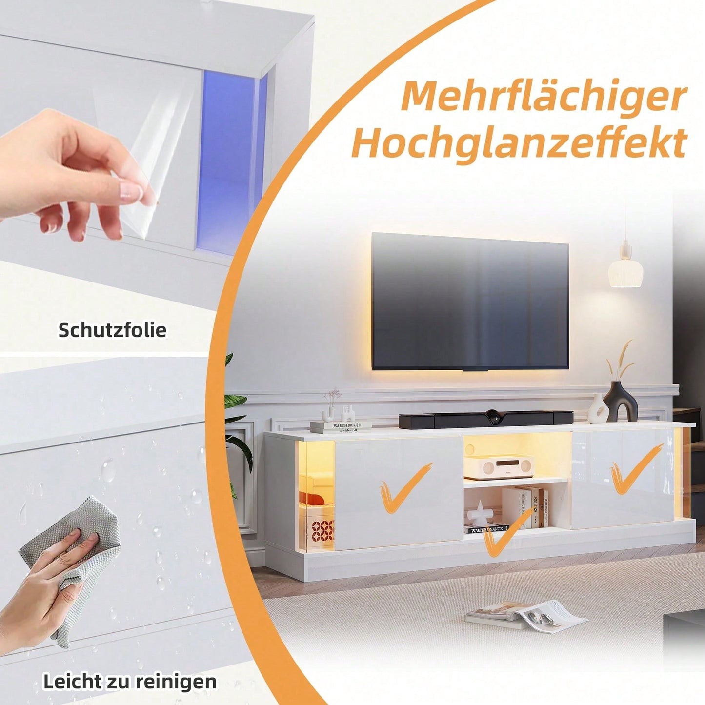 Weißer Hochglanz-TV-Schrank, geeignet für Fernseher bis 70 Zoll, bodenstehender TV-Ständer, Wohnzimmer-TV-Schrank mit LED-Aufbewahrungsfunktion